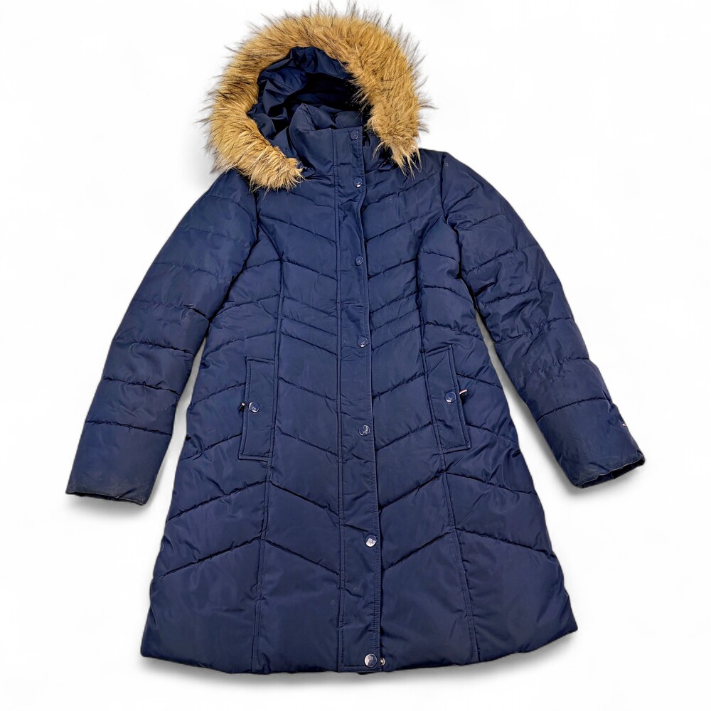 Tommy‎ Hilfiger Long Navy Puffer Coat w/ Faux Fur Hood S